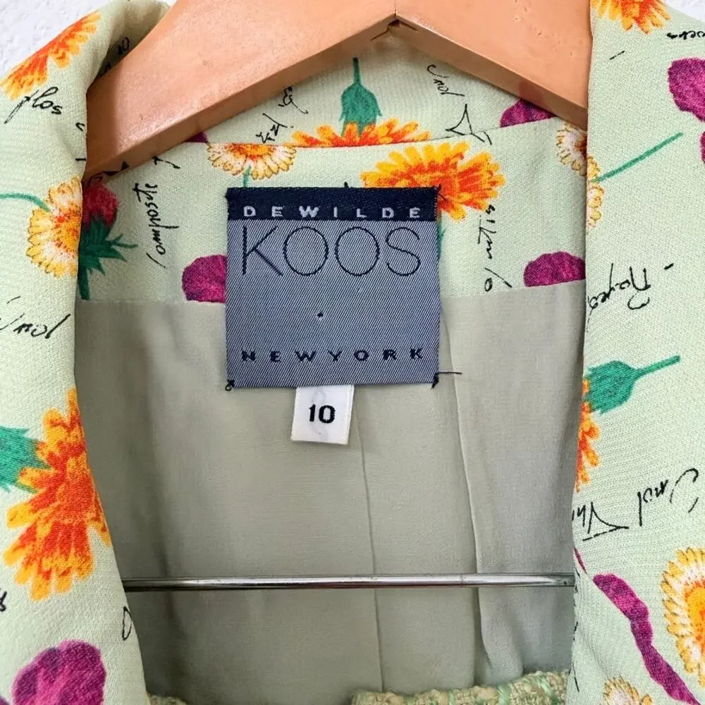 Dewilde Koos‎ New York Tweed Skirt Suit Floral Lined Blazer Green Size 10